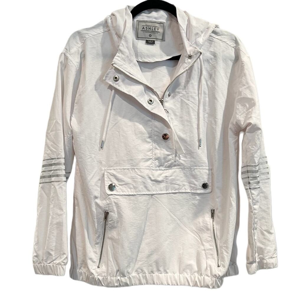 Ashley White Nylon Windbreaker Jacket Hooded Pullover Coastal Y2K M